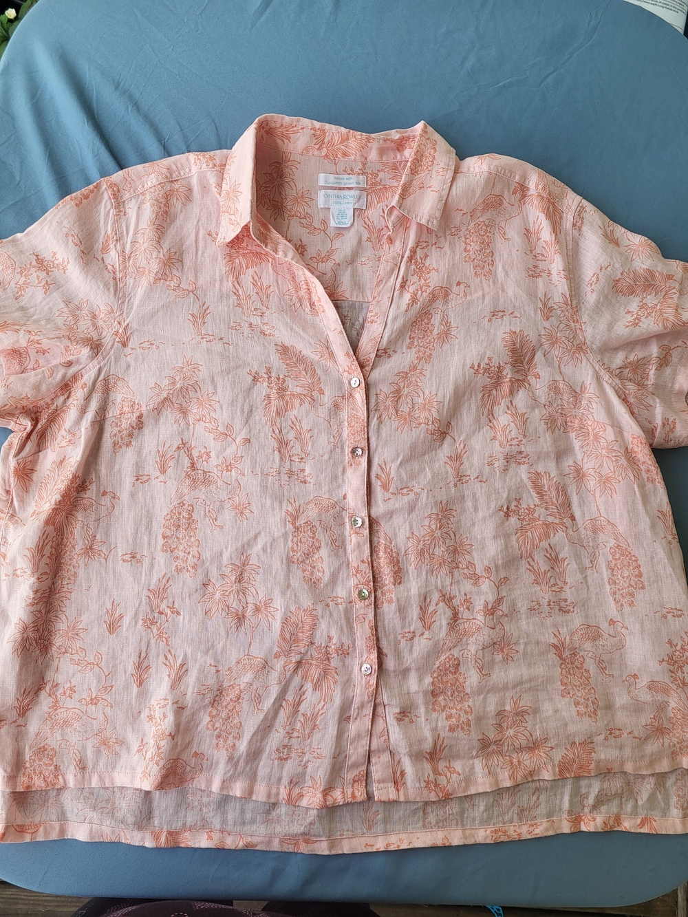 Cynthia Rowley Peach-Pink Botanical Button-Down Shirt 100% Linen